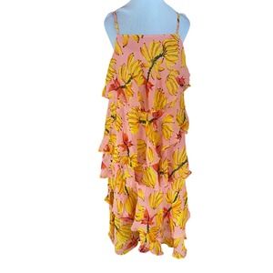 FARM Rio NEW Banana Taste Print Tiered Ruffle Midi Dress Pink Yellow Small